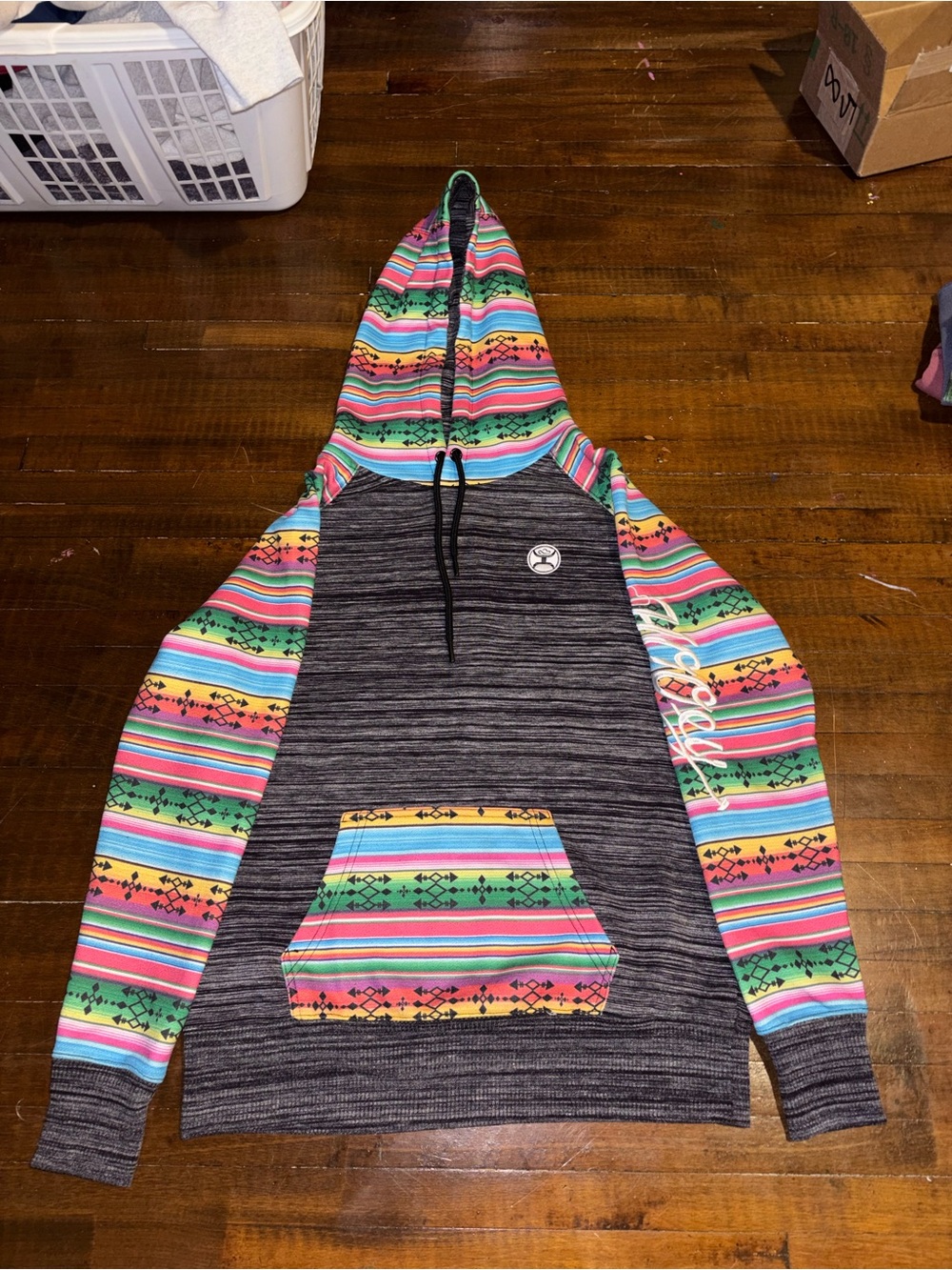 Hooey Gray Hoodie with Vibrant Aztec Accent